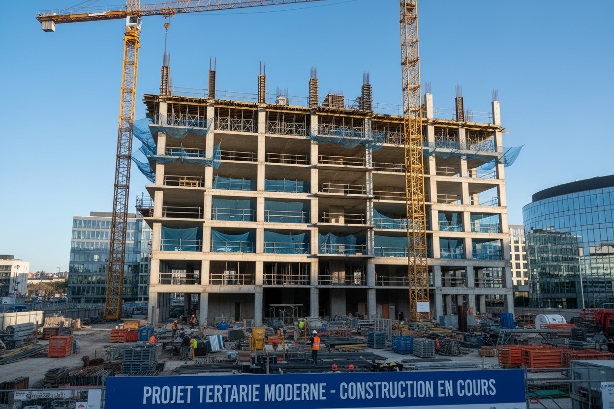 Un grand bâtiment en construction à ossature en béton armé, entouré de grues jaunes et d'équipements de chantier.